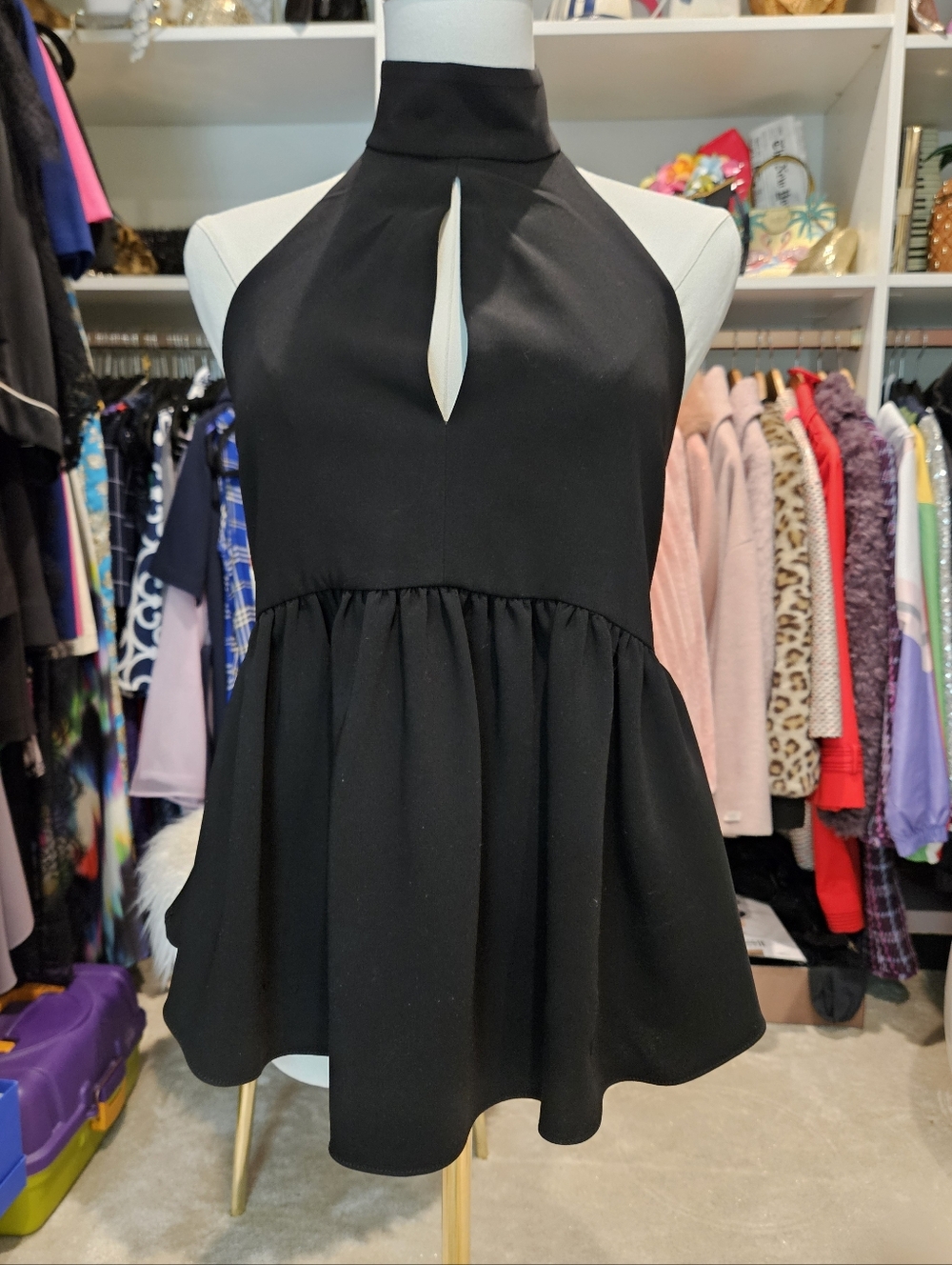 Elizabeth And James Black Halter Neck Keyhole Peplum Top